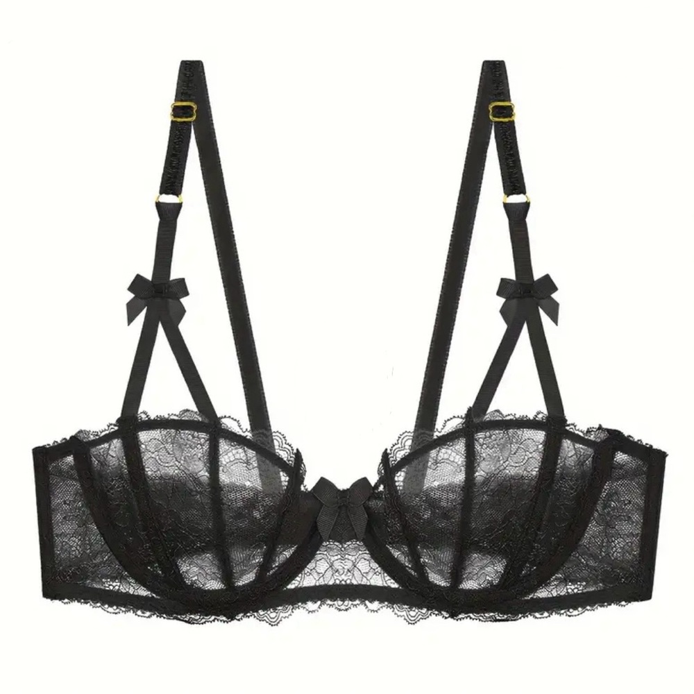Contrast Lace Balconette Bra, Comfy & Breathable Push Up Bow Tie Bra